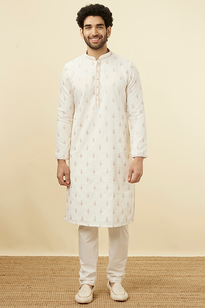 Warm White Blended Viscose Thread Embroidered Kurta Set by Manyavar at Pernia's Pop Up Shop