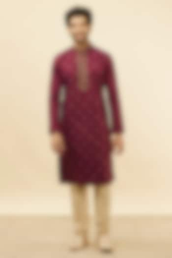 Maroon Blended Cotton Embroidered Kurta Set by Manyavar at Pernia's Pop Up Shop