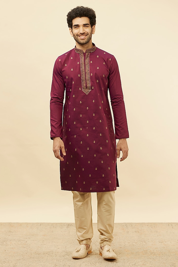 Maroon Blended Cotton Embroidered Kurta Set by Manyavar at Pernia's Pop Up Shop