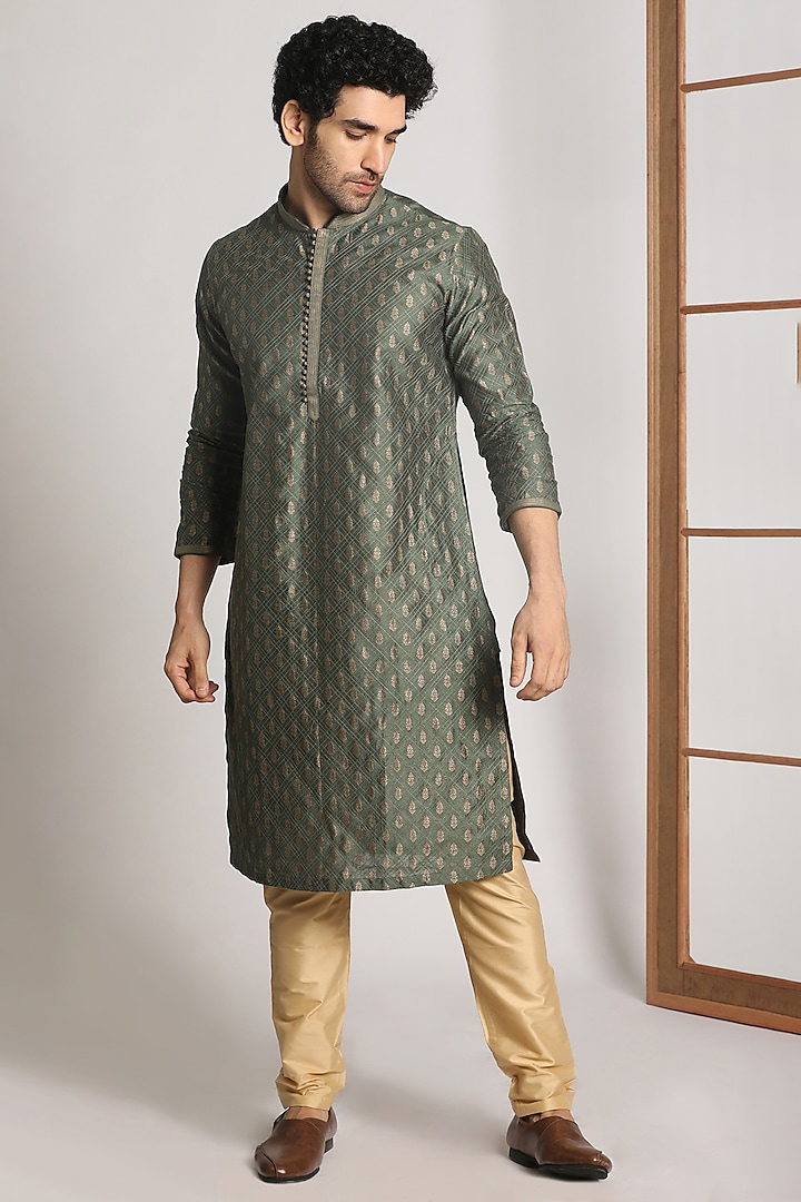 Bottle Green Art Silk Motifs Kurta Set by Manyavar at Pernia's Pop Up Shop