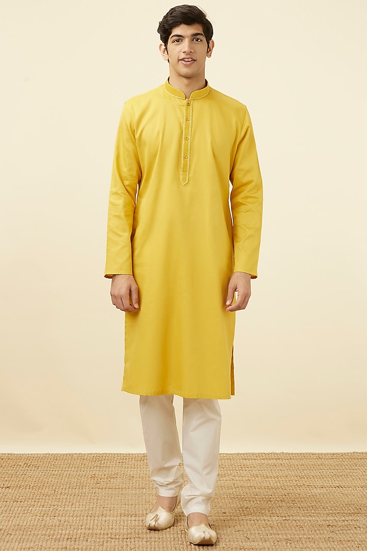 Mustard Cotton Kurta Set by Manyavar at Pernia's Pop Up Shop