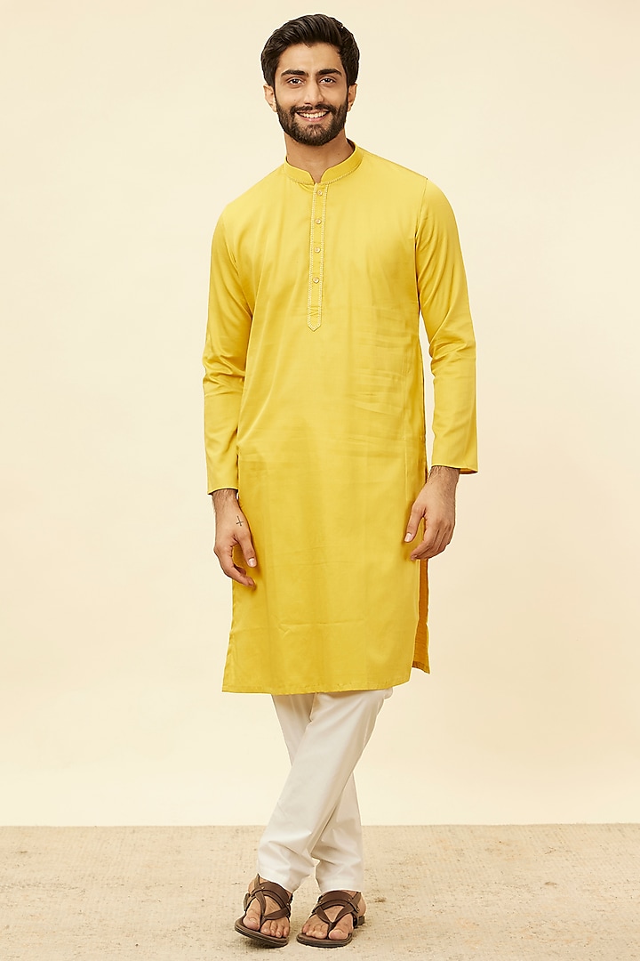 Mustard Cotton Kurta Set by Manyavar at Pernia's Pop Up Shop