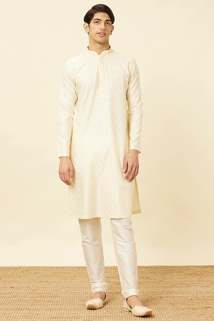 Cream Blended Viscose Kurta Set by Manyavar at Pernia's Pop Up Shop