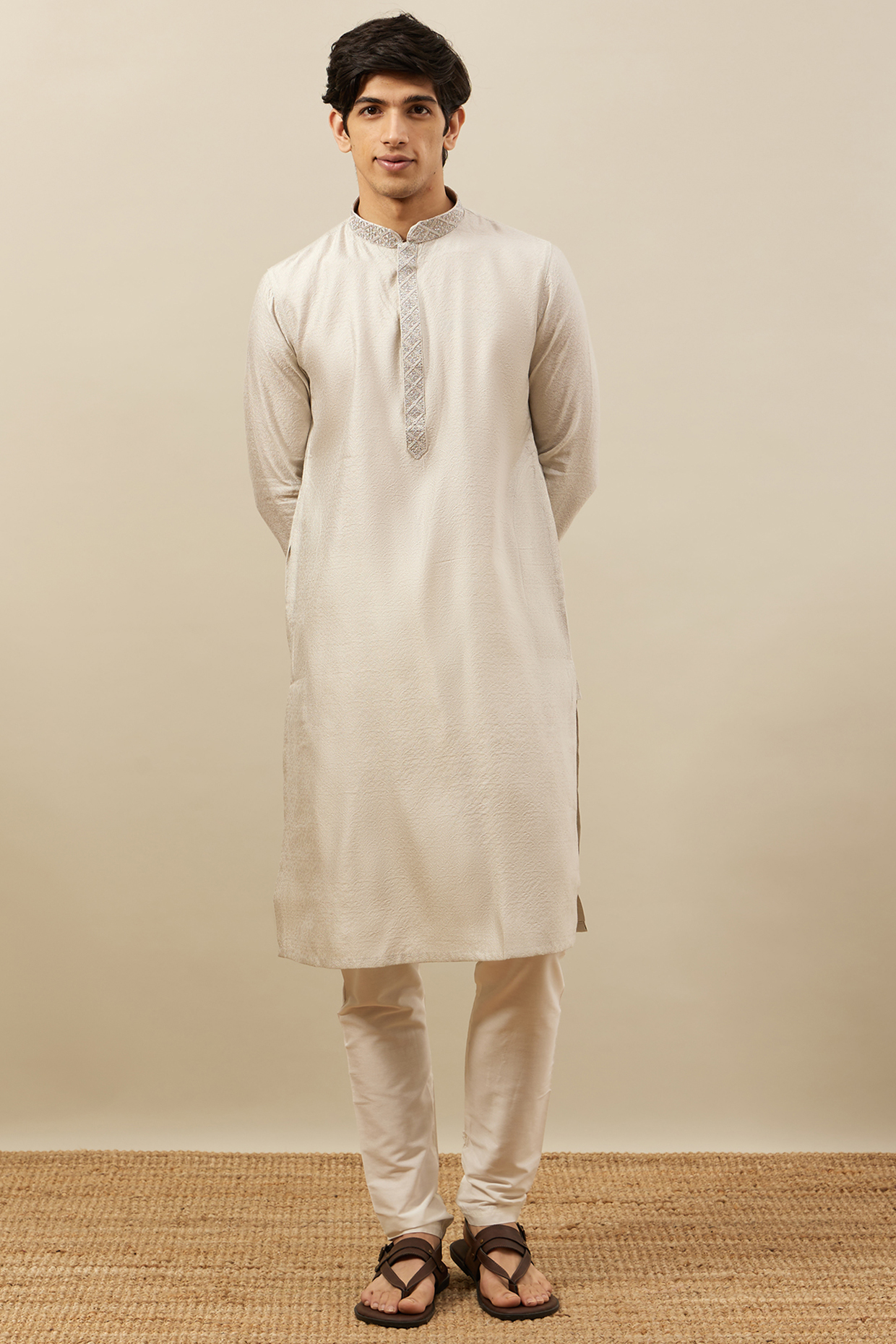 Light Grey Blended Viscose Kurta Set by Manyavar at Pernia's Pop Up Shop