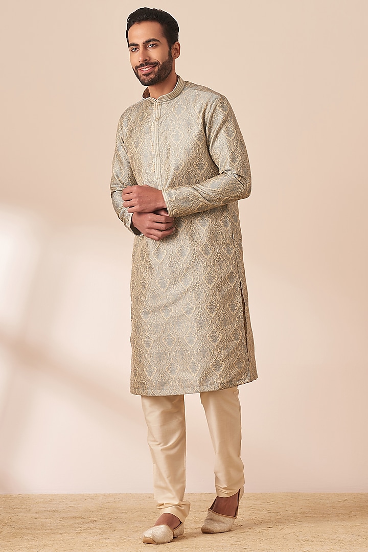 Light Grey Brocade Kurta Set by Manyavar at Pernia's Pop Up Shop