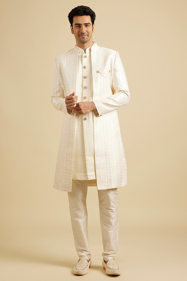 Cream Art Silk Sherwani Set by Manyavar