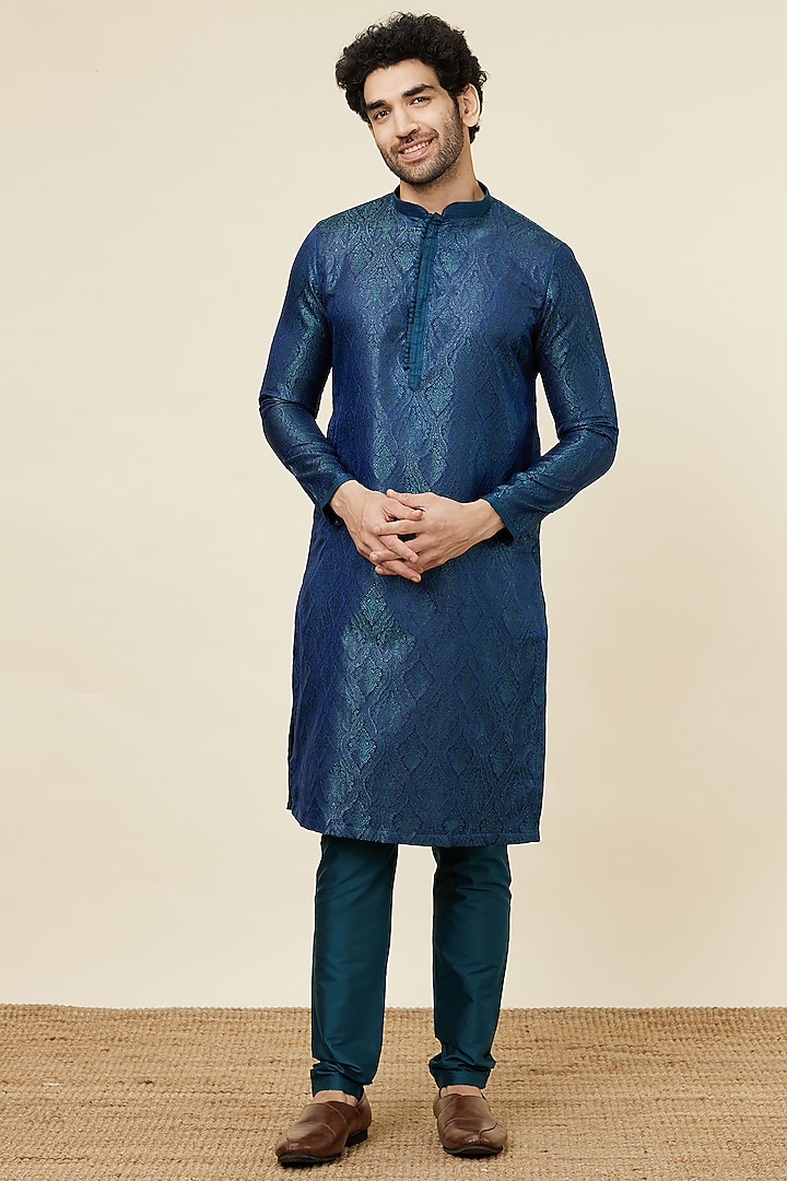 Blue Brocade Kurta Set by Manyavar