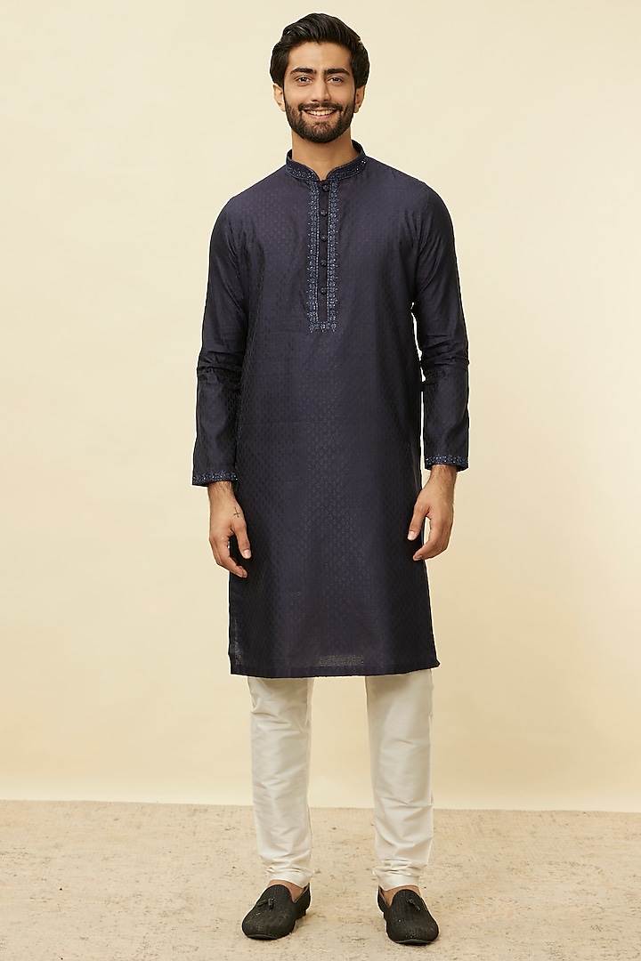 Blue Blended Viscose Kurta Set by Manyavar at Pernia's Pop Up Shop