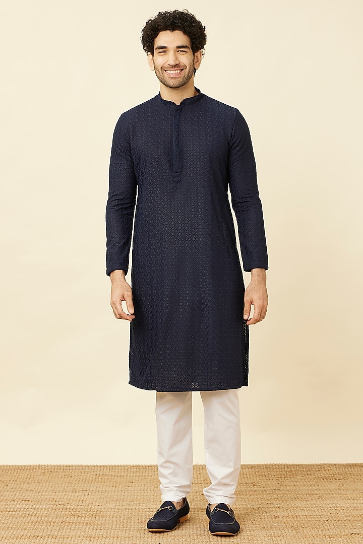 Blue Blended Cotton Chikankari Pattern Kurta Set by Manyavar at Pernia's Pop Up Shop