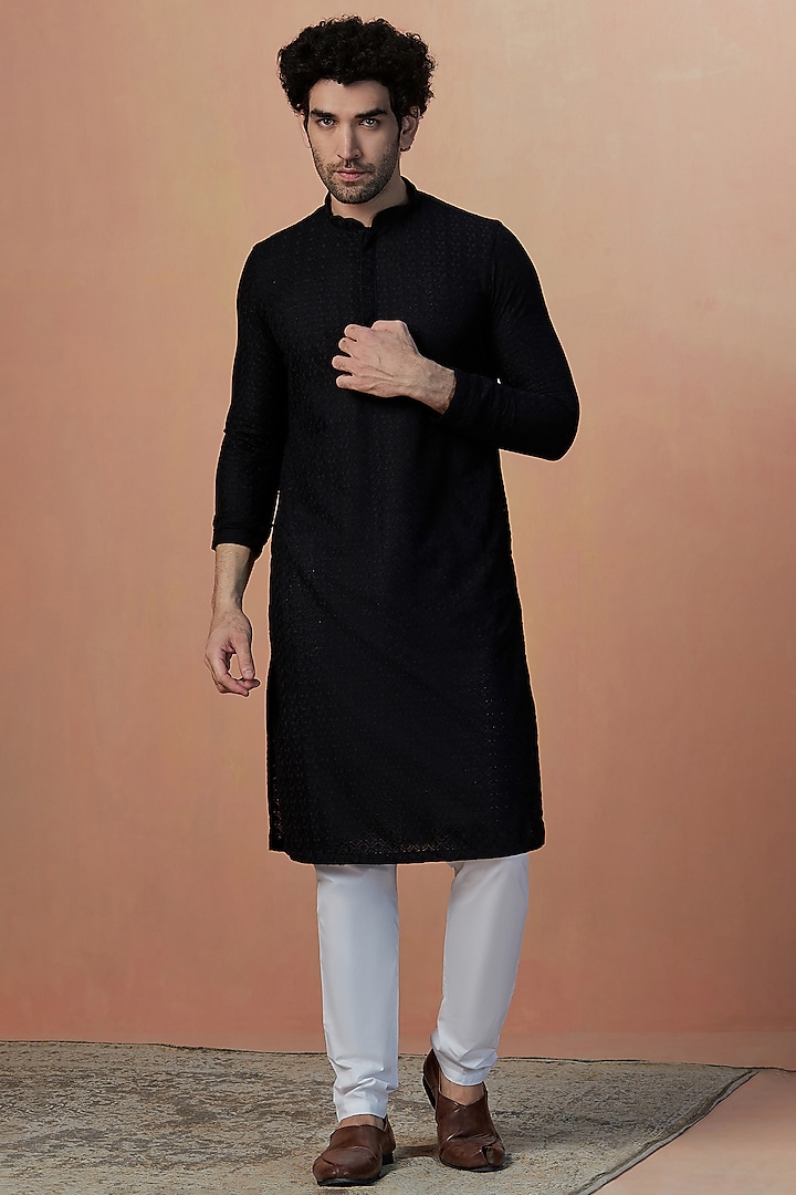 Black Blended Cotton Embroidered Kurta Set by Manyavar