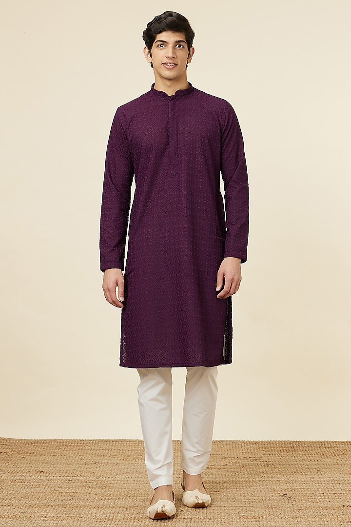 Jamun Purple Blended Cotton Jaal Pattern Chikankari Kurta Set by Manyavar