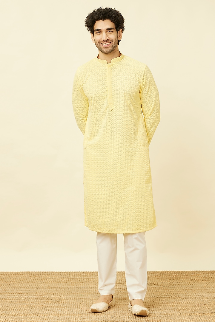 Yellow Blended Cotton Chikankari Embroidered Kurta Set by Manyavar