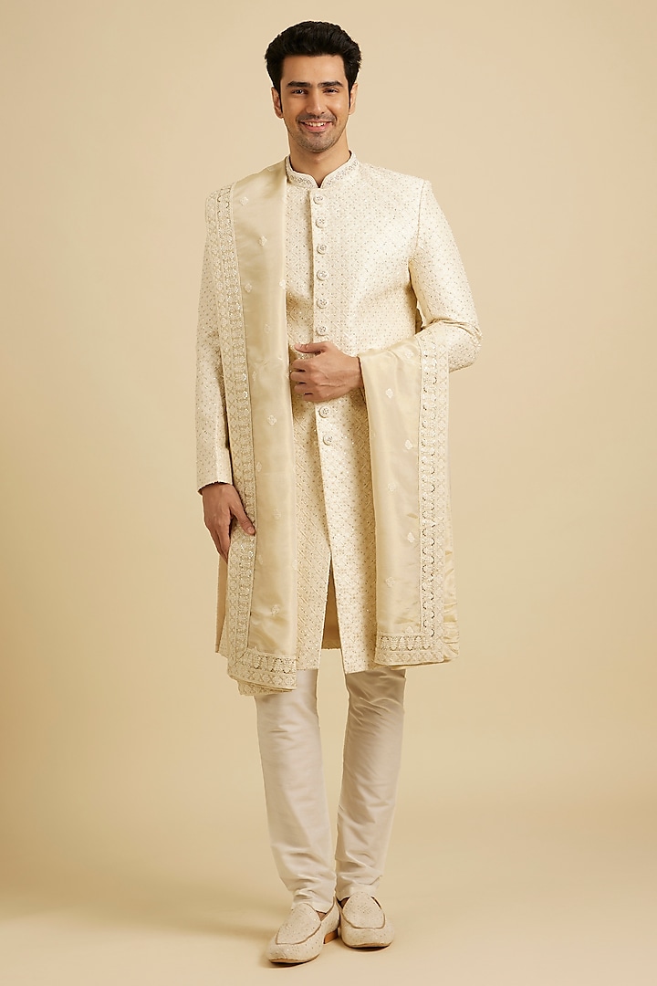 Cream Art Silk Sequins Work Sherwani Set by Manyavar