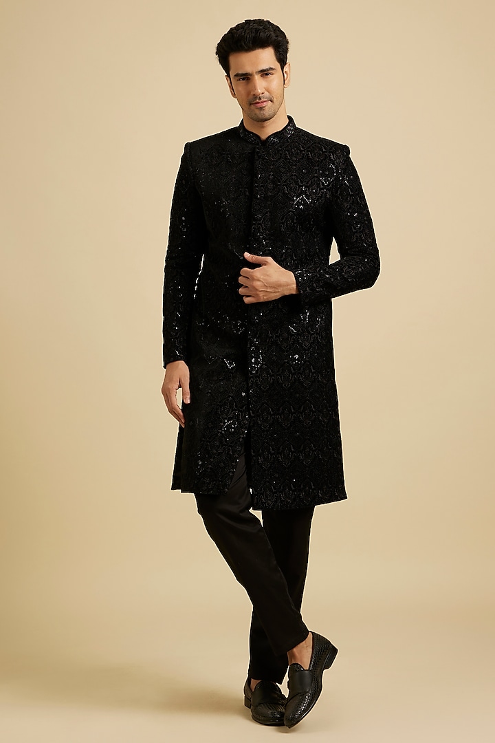 Blue Velvet Embroidered Sherwani Set by Manyavar