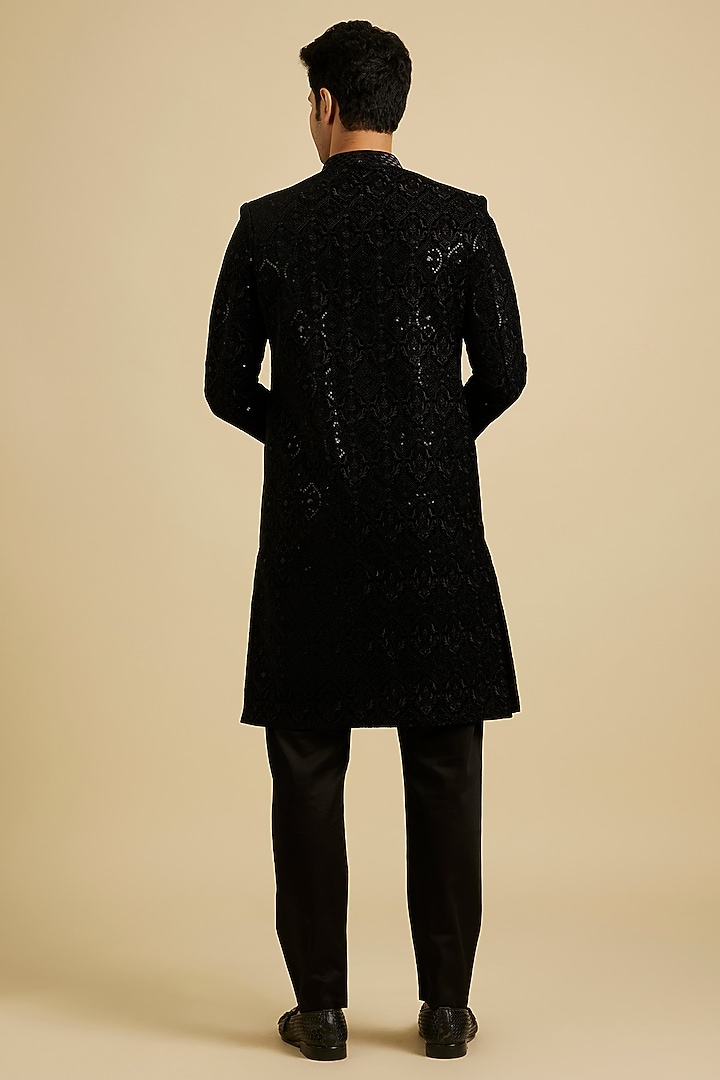 Blue Velvet Embroidered Wedding Sherwani Set by Manyavar at Pernia's Pop Up Shop
