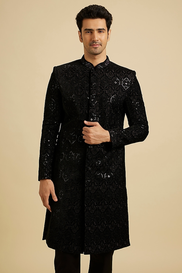 Blue Velvet Embroidered Wedding Sherwani Set by Manyavar at Pernia's Pop Up Shop