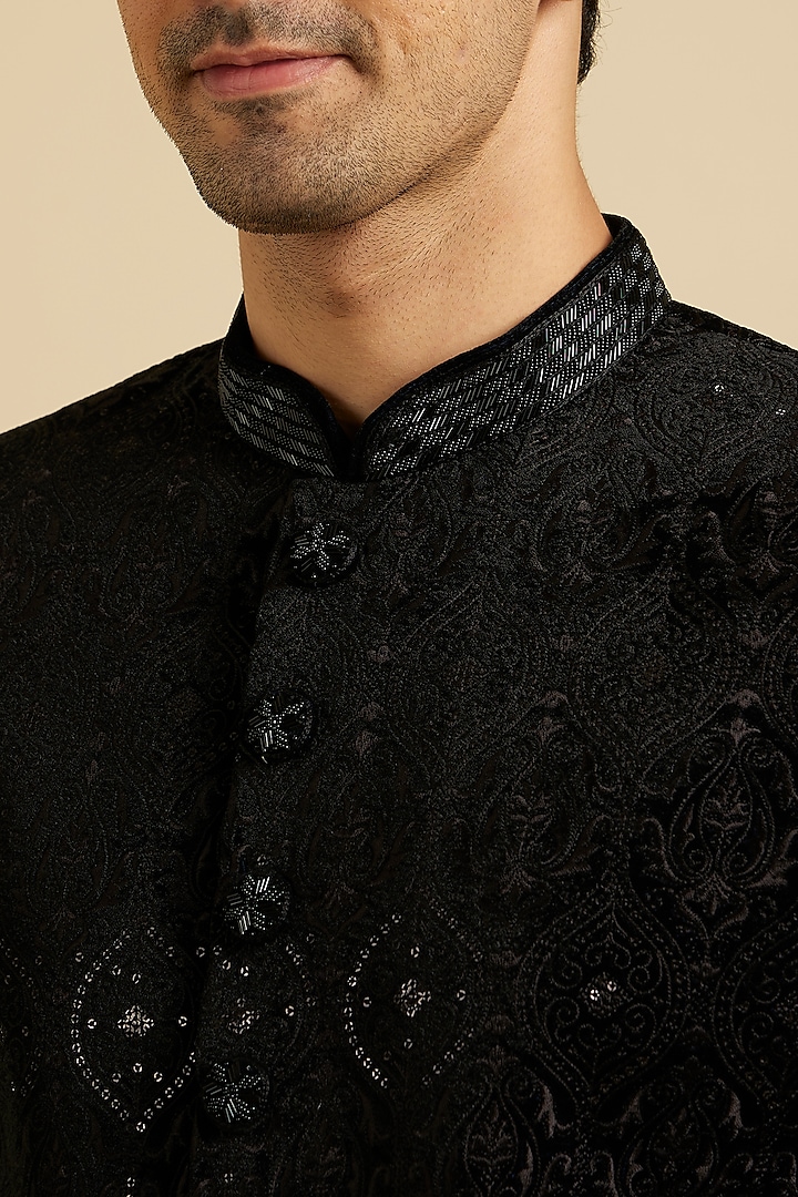 Blue Velvet Embroidered Wedding Sherwani Set by Manyavar at Pernia's Pop Up Shop
