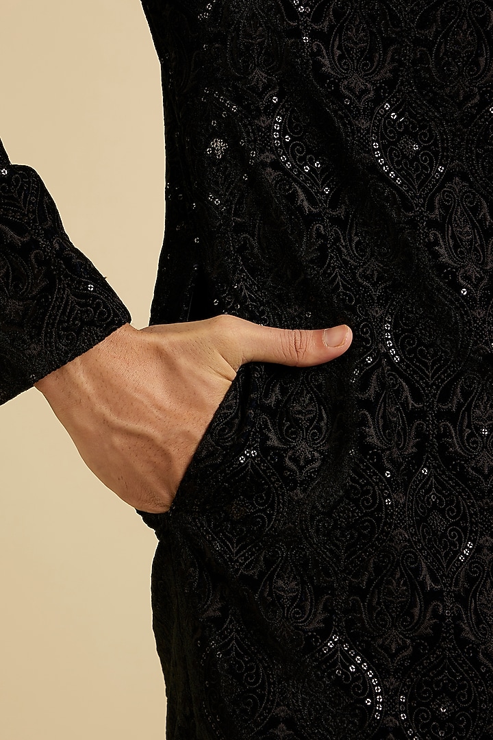 Blue Velvet Embroidered Wedding Sherwani Set by Manyavar at Pernia's Pop Up Shop