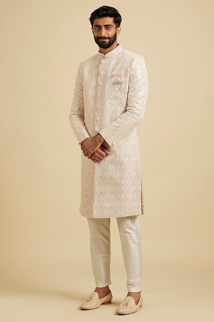 Pink Georgette Mirror Embroidered Sherwani Set by Manyavar