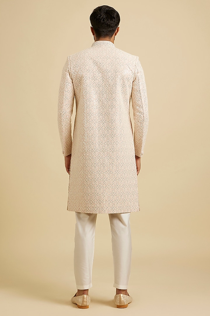 Pink Georgette Mirror Embroidered Wedding Sherwani Set by Manyavar at Pernia's Pop Up Shop