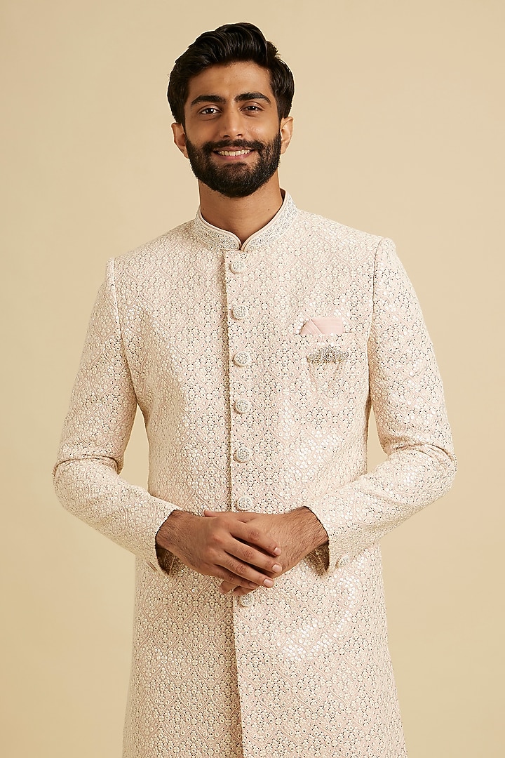 Pink Georgette Mirror Embroidered Wedding Sherwani Set by Manyavar at Pernia's Pop Up Shop