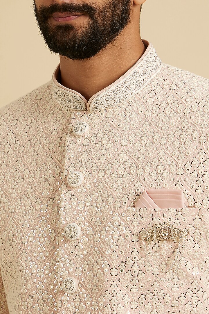 Pink Georgette Mirror Embroidered Wedding Sherwani Set by Manyavar at Pernia's Pop Up Shop