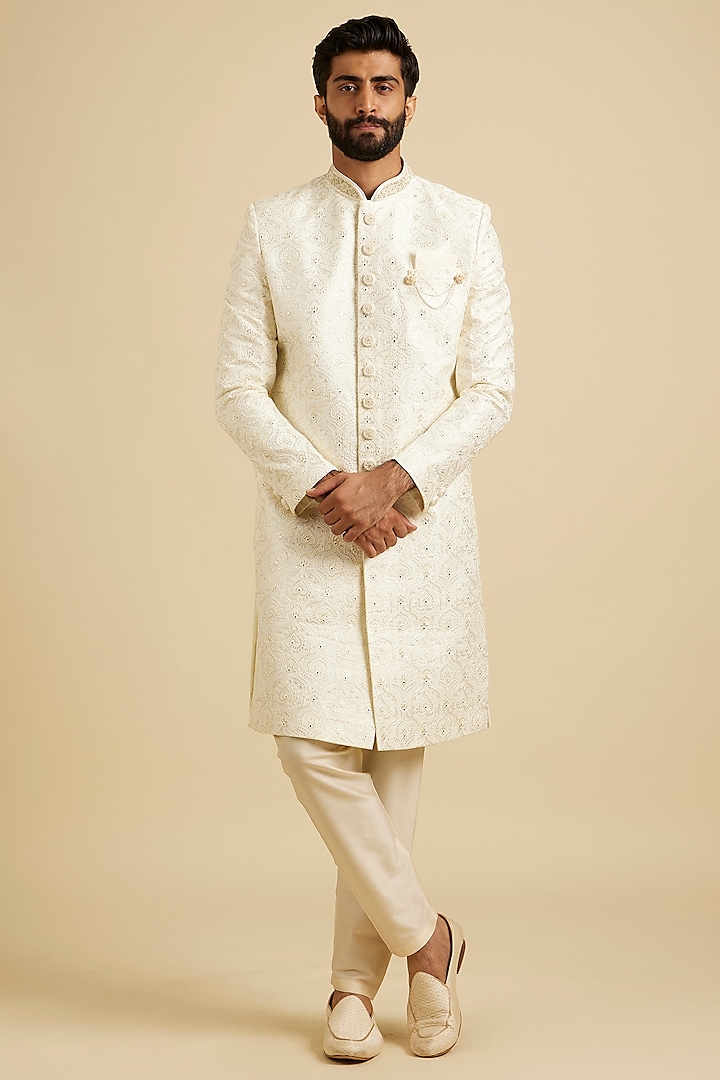 Cream Art Silk Mirror Work Sherwani Set by Manyavar