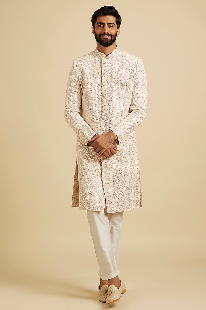 Pink Art Silk Printed & Embroidered Sherwani Set by Manyavar at Pernia's Pop Up Shop