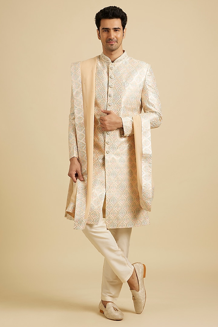 Peach Art Silk Printed & Sequins Work Sherwani Set by Manyavar