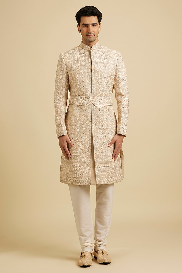 Fawn-Colored Art Silk Threadwork Sherwani Set by Manyavar