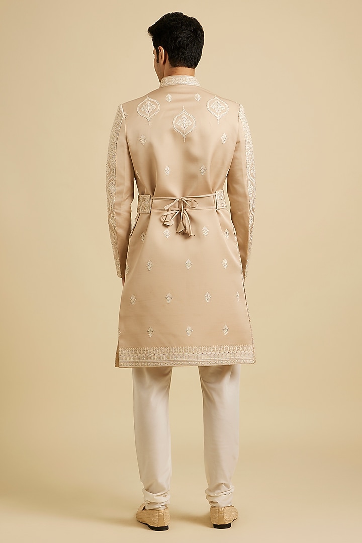 Fawn-Colored Art Silk Threadwork Wedding Sherwani Set by Manyavar at Pernia's Pop Up Shop