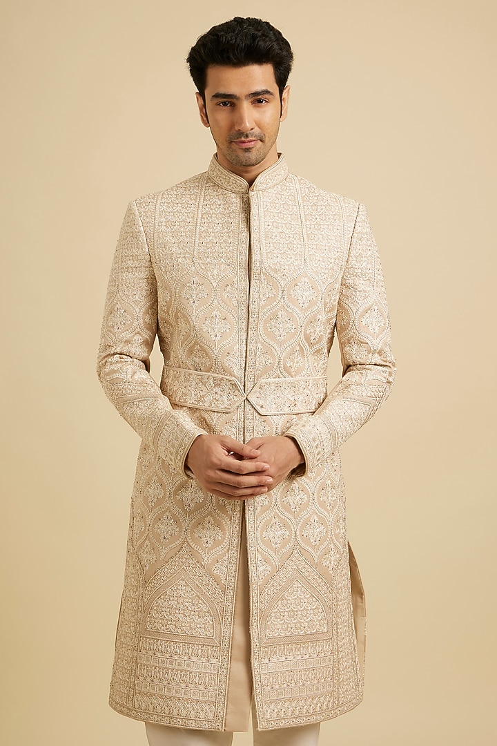 Fawn-Colored Art Silk Threadwork Wedding Sherwani Set by Manyavar at Pernia's Pop Up Shop