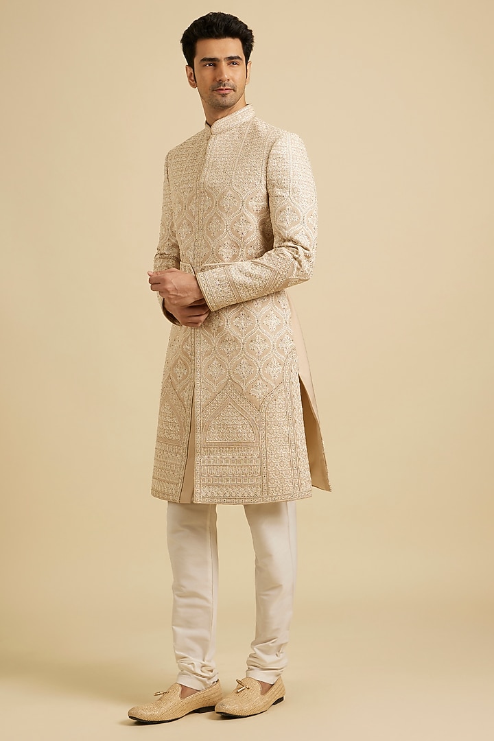 Fawn-Colored Art Silk Threadwork Wedding Sherwani Set by Manyavar at Pernia's Pop Up Shop