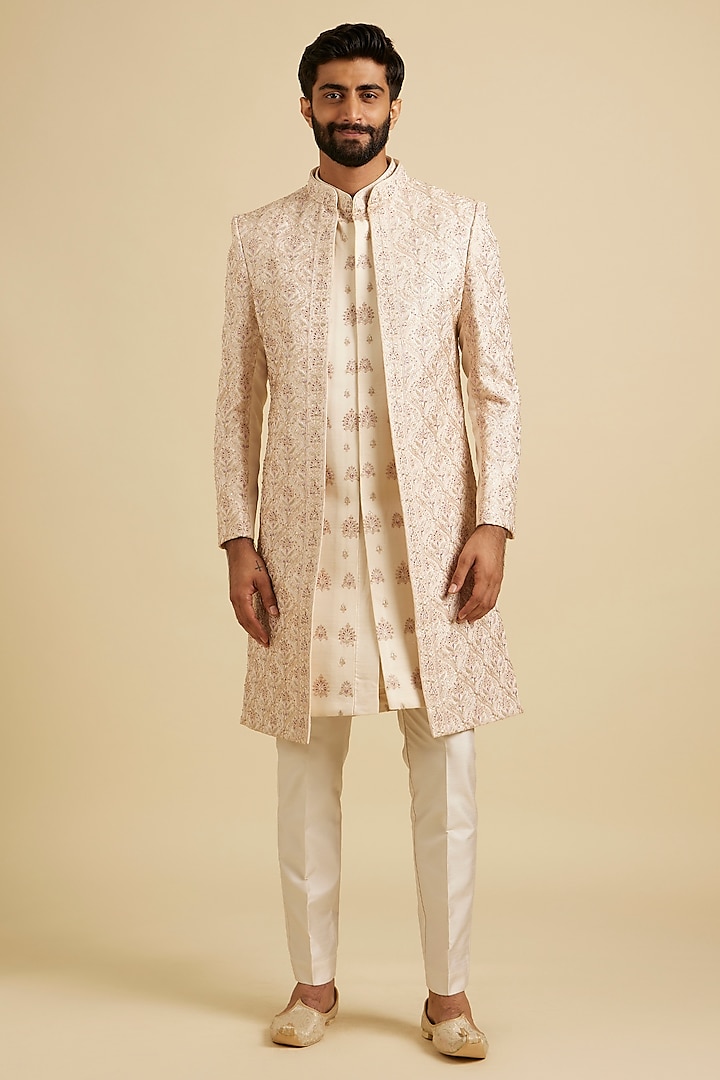 Beige Satin Mirror Work Wedding Sherwani Set by Manyavar at Pernia's Pop Up Shop