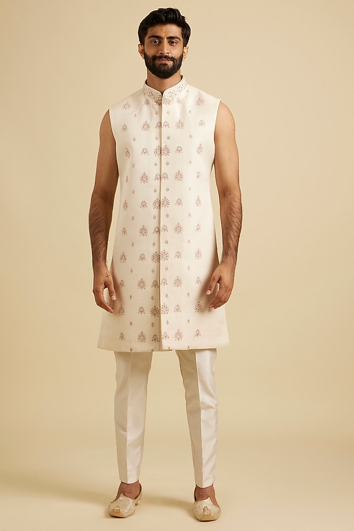 Beige Satin Mirror Work Wedding Sherwani Set by Manyavar at Pernia's Pop Up Shop