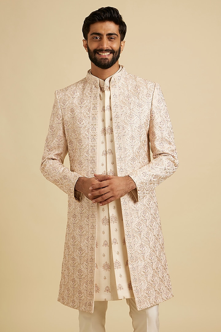 Beige Satin Mirror Work Wedding Sherwani Set by Manyavar at Pernia's Pop Up Shop