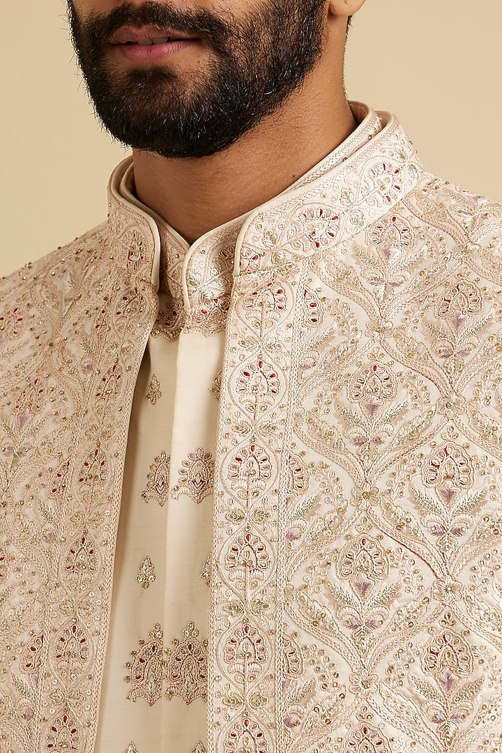 Beige Satin Mirror Work Wedding Sherwani Set by Manyavar at Pernia's Pop Up Shop