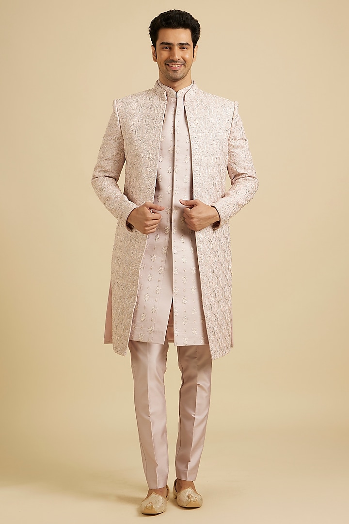 Pink Satin Mirror Work Wedding Sherwani Set by Manyavar at Pernia's Pop Up Shop