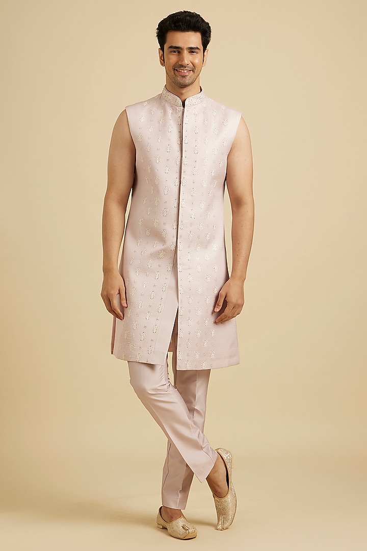 Pink Satin Mirror Work Wedding Sherwani Set by Manyavar at Pernia's Pop Up Shop