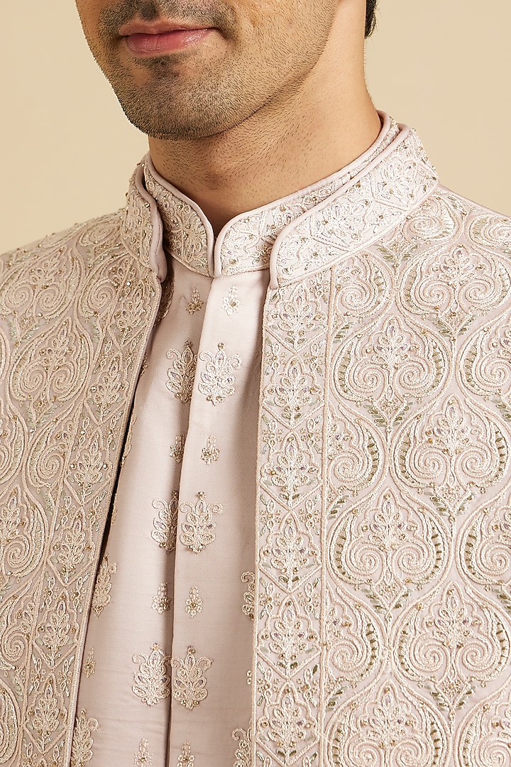 Pink Satin Mirror Work Wedding Sherwani Set by Manyavar at Pernia's Pop Up Shop