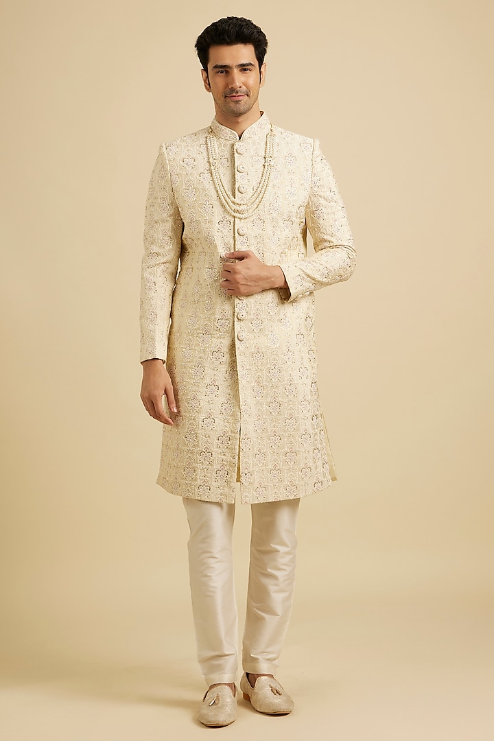 Beige Art Silk Mirror Work Sherwani Set by Manyavar