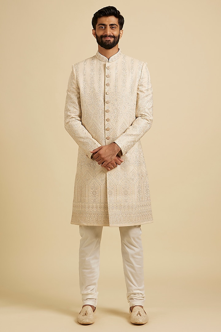 Beige Georgette Thread Embroidered Sherwani Set by Manyavar