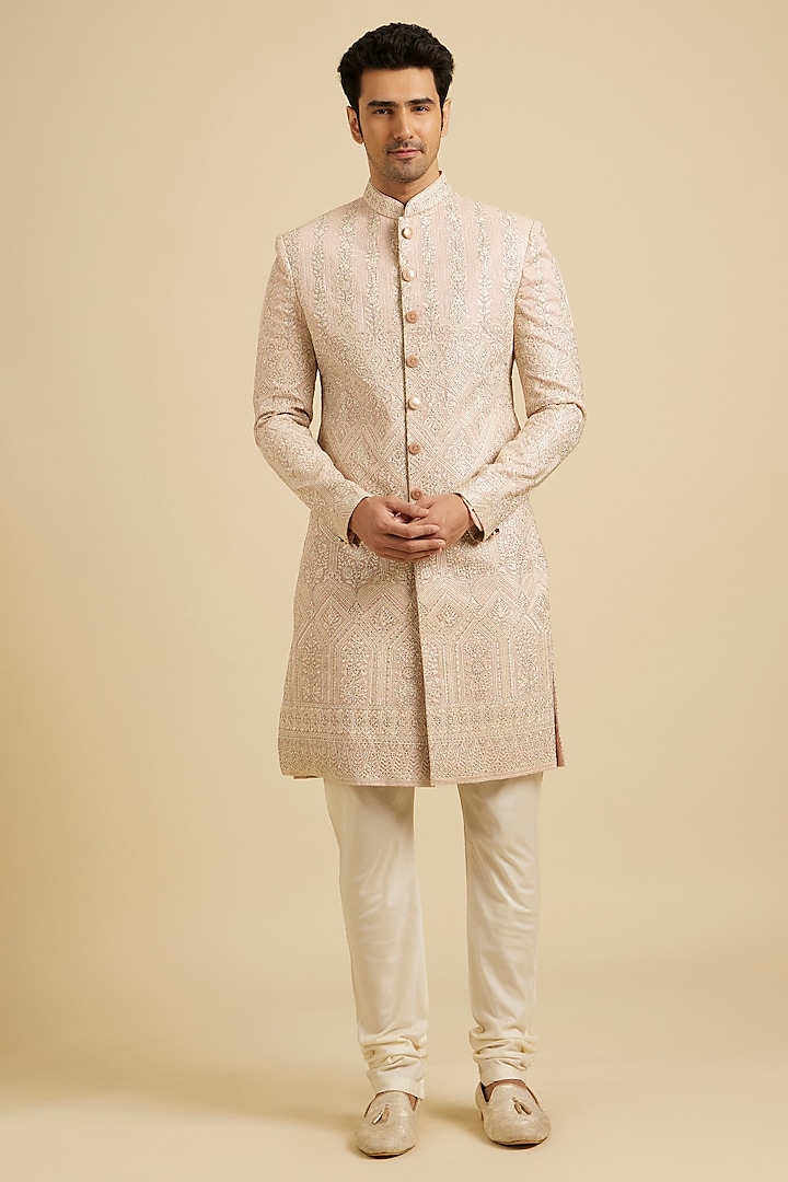 Pink Georgette Thread Embroidered Wedding Sherwani Set by Manyavar at Pernia's Pop Up Shop