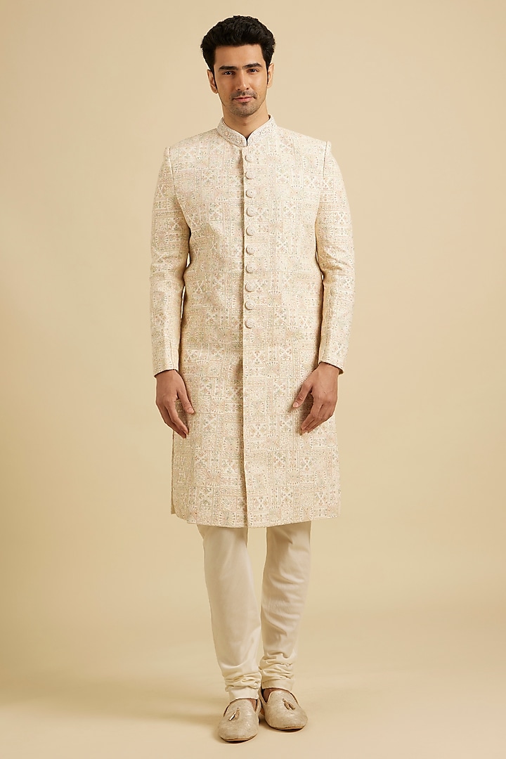 Cream-Peach Blended Viscose Embroidered Sherwani Set by Manyavar