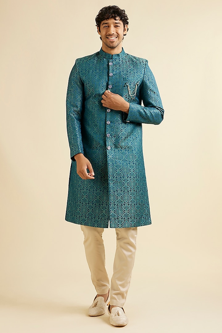 Blue Brocade Textured Sherwani Set by Manyavar