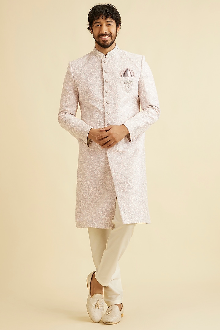 Pink Art Silk Thread Embroidered Wedding Sherwani Set by Manyavar at Pernia's Pop Up Shop