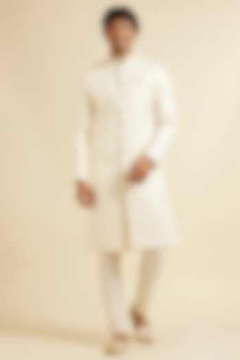 Cream Art Silk Self-Textured Sherwani Set by Manyavar