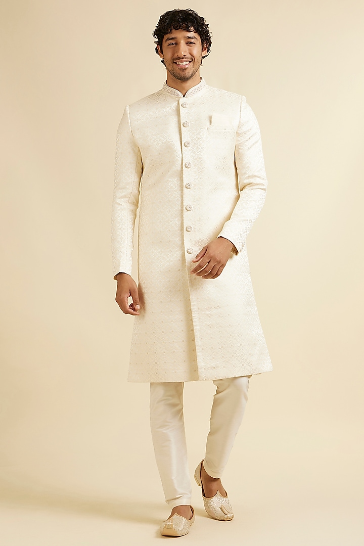 Cream Art Silk Self-Textured Sherwani Set by Manyavar