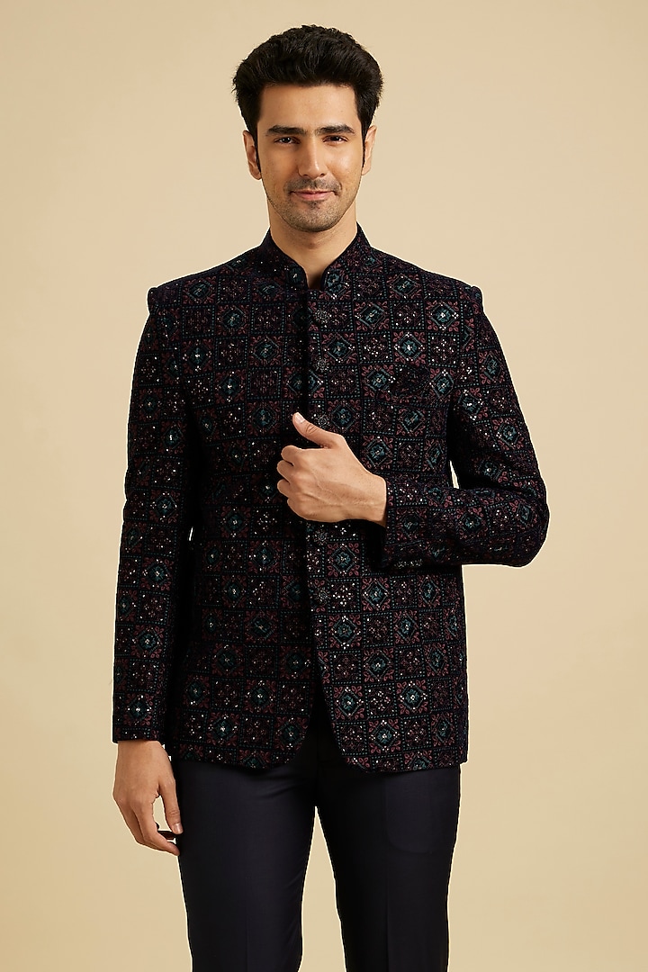 Blue-Wine Velvet Sequins Work Bandhgala Set by Manyavar at Pernia's Pop Up Shop