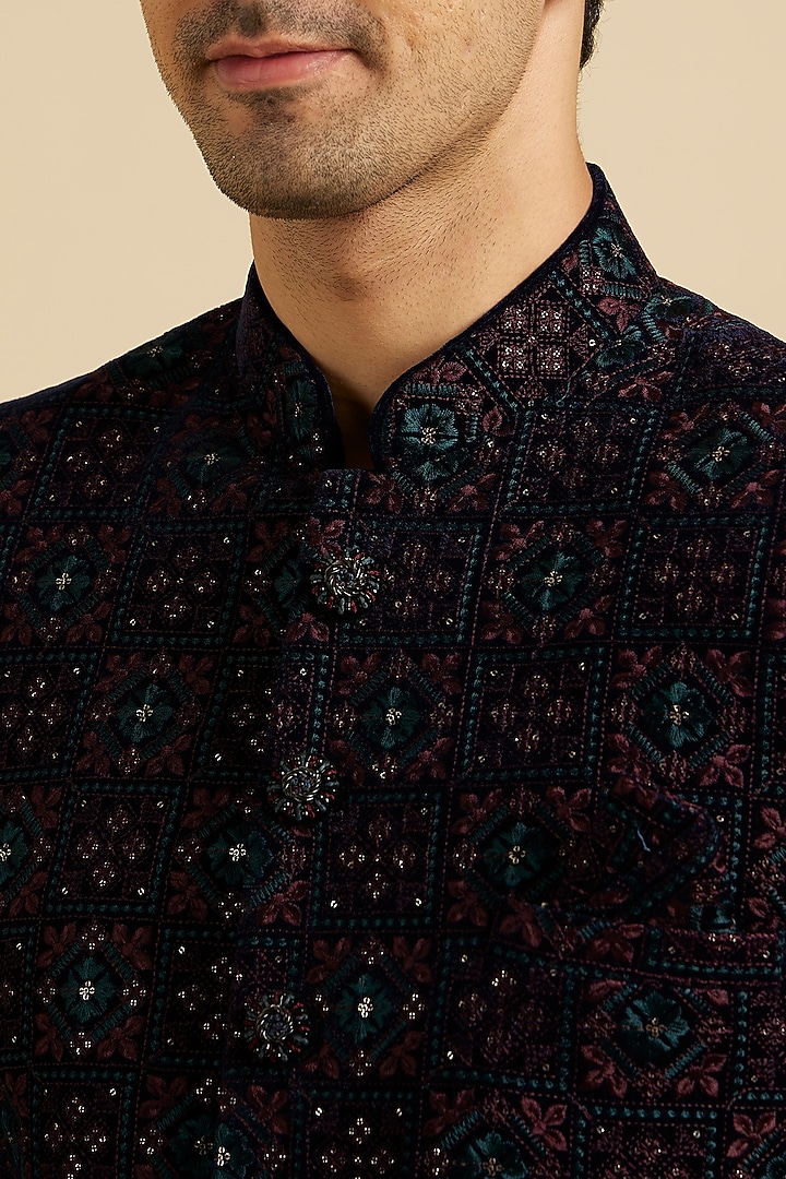 Blue-Wine Velvet Sequins Work Bandhgala Set by Manyavar at Pernia's Pop Up Shop